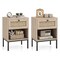 Rattan Nightstand Boho End Table with Rattan Drawer and Open Shelf Set of 2-Oak